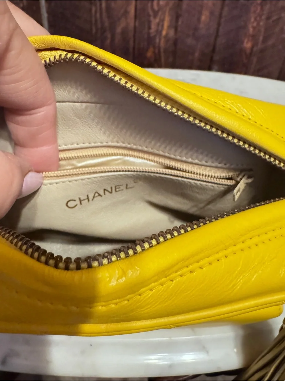 CHANEL Vintage Yellow Lambskin CC Tassel Camera Bag